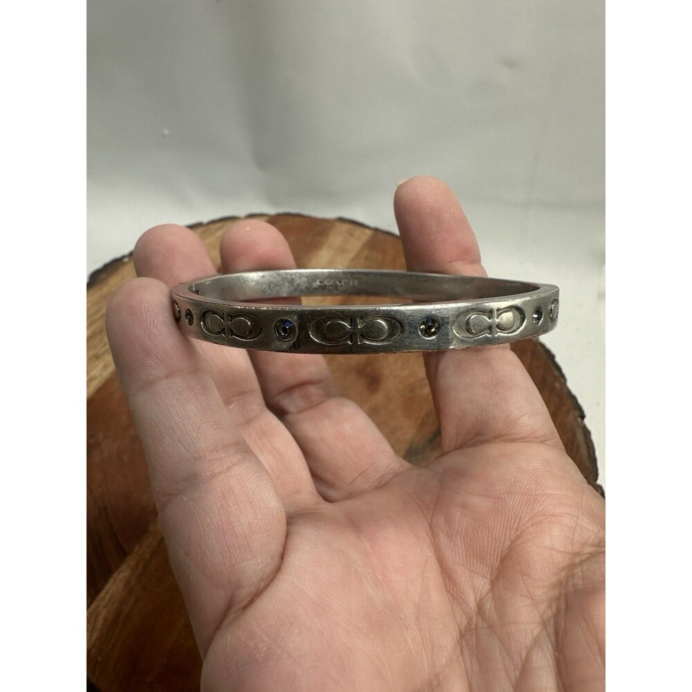 COACH Silver Tone Signature C Crystal Rhinestone Hinged Bangle Bracelet